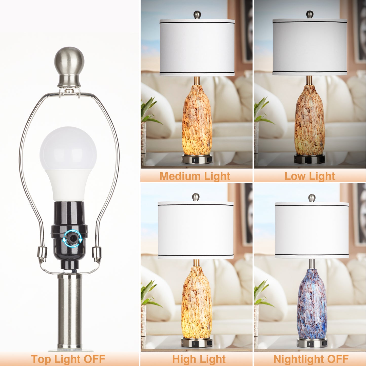 2-in-1 table lamp with nightlight. Indigo glass body. Charging ports & AC outlet. Drum shade, touch dimming switch (Set of 2)