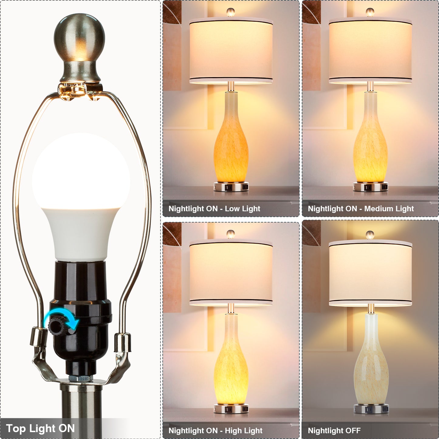 2-in-1 table lamp with nightlight. Nattierblue glass vase style body. Charging port & AC outlet. Drum shade, touch switch (Set of 2)