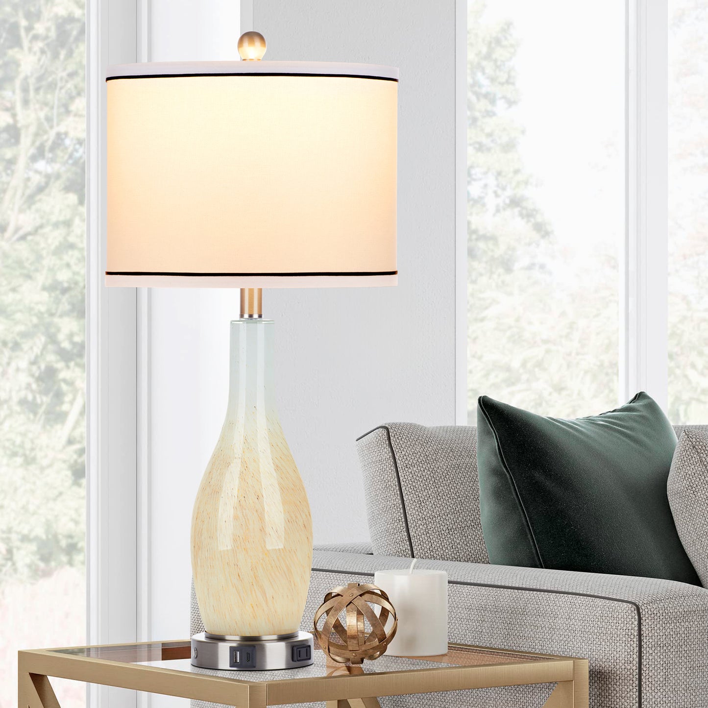2-in-1 table lamp with nightlight. Nattierblue glass vase style body. Charging port & AC outlet. Drum shade, touch switch (Set of 2)