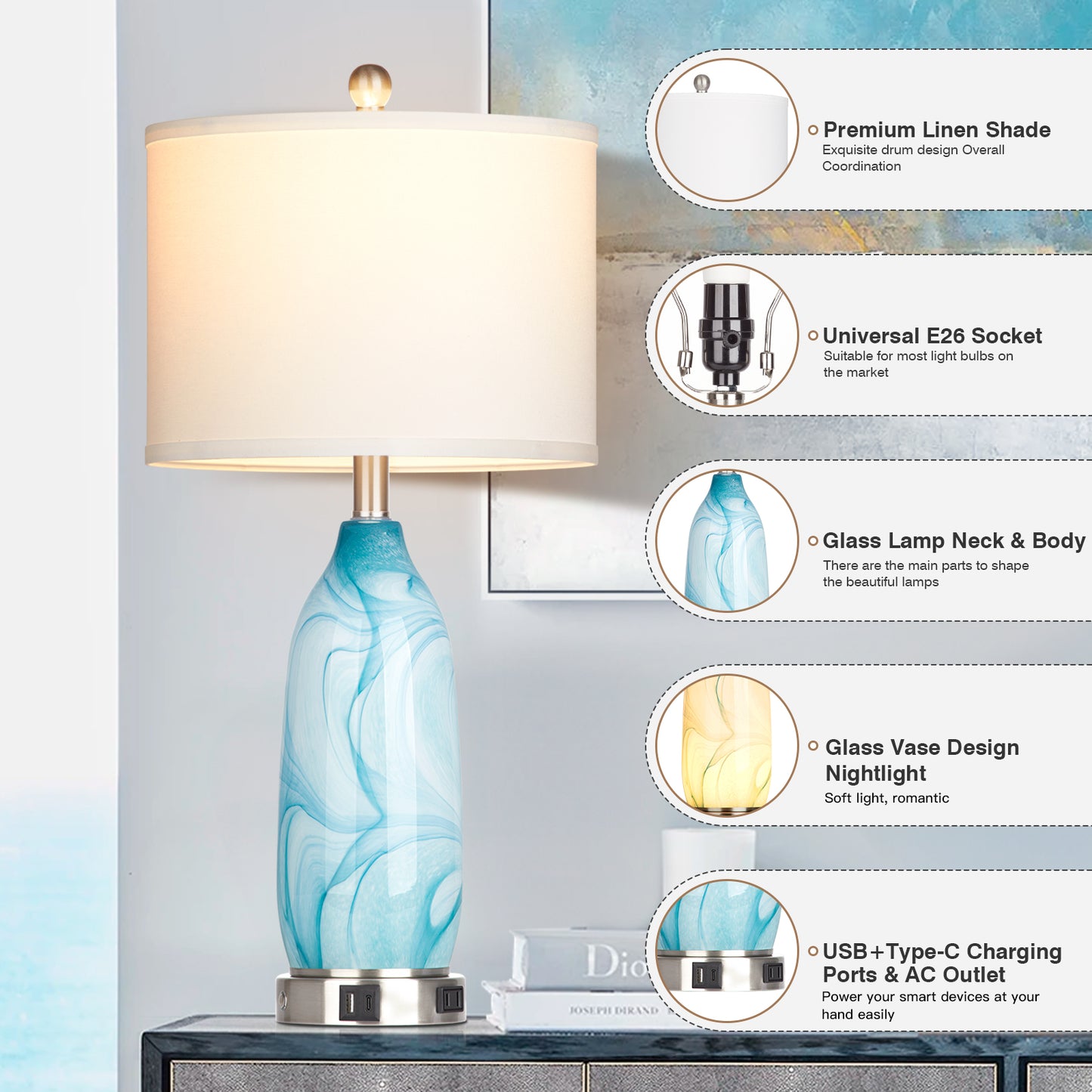 2-in-1 table lamp with nightlight. Blue glass lamp body. Charging ports & AC outlet. Drum shade. Touch switch (Set of 2)