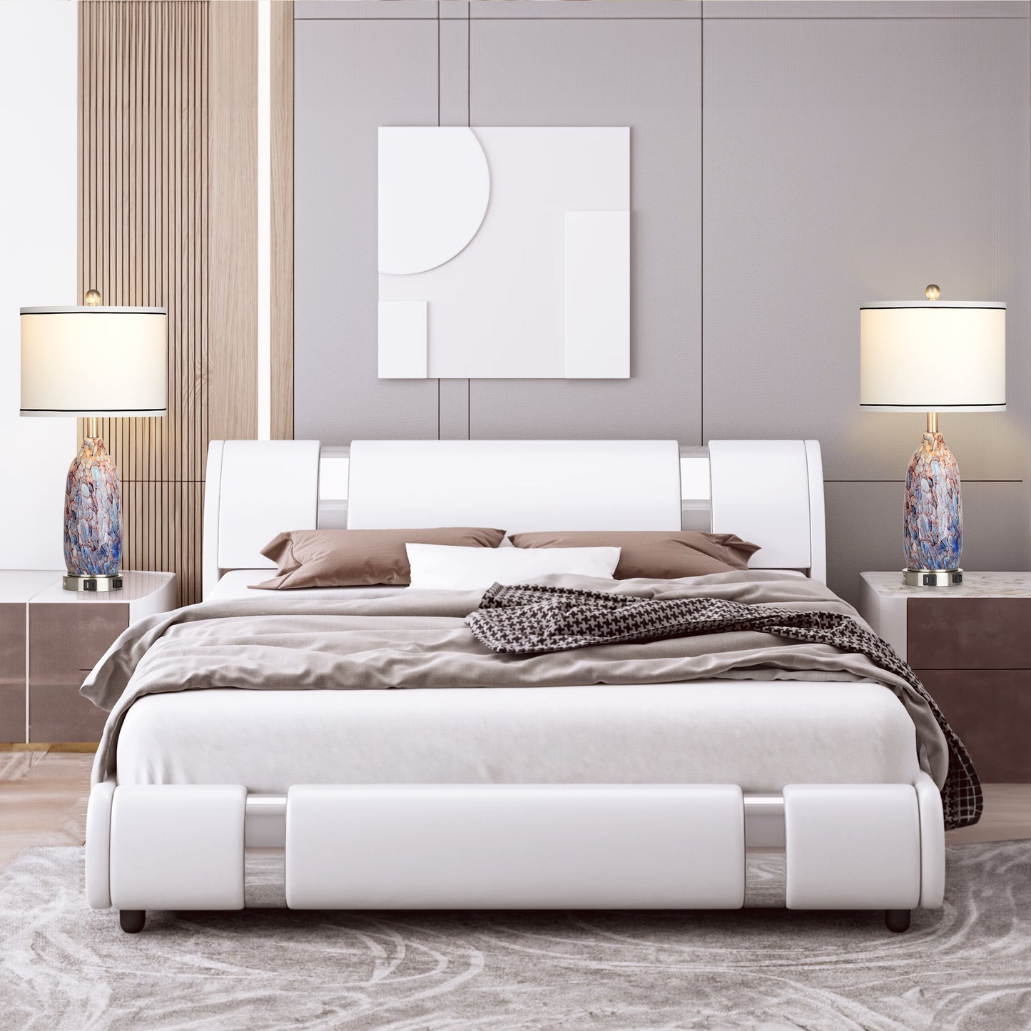 2-in-1 table lamp with nightlight. Indigo glass body. Charging ports & AC outlet. Drum shade, touch dimming switch (Set of 2)