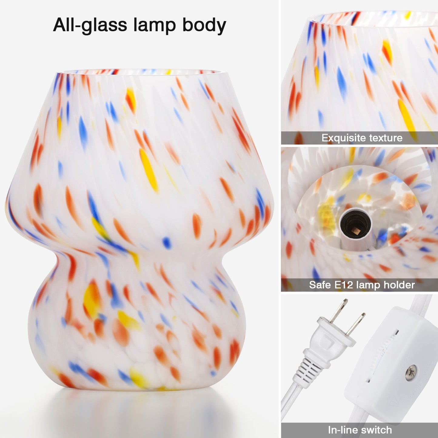 Matte All-glass Table Lamp with In-line Switch and Colorful Dots Texture