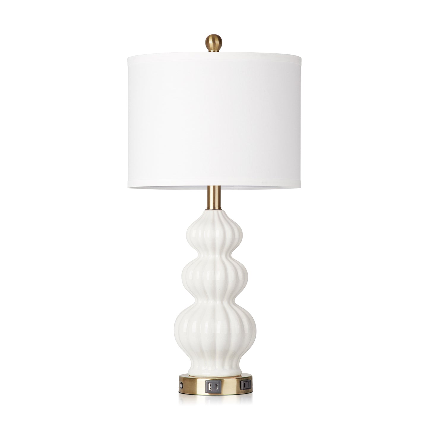White Ceramic Cucurbit Style Table Lamp with 3-Way Touch Dimming Switch, USB Type C Charging Ports and AC Outlet (Set of 2)