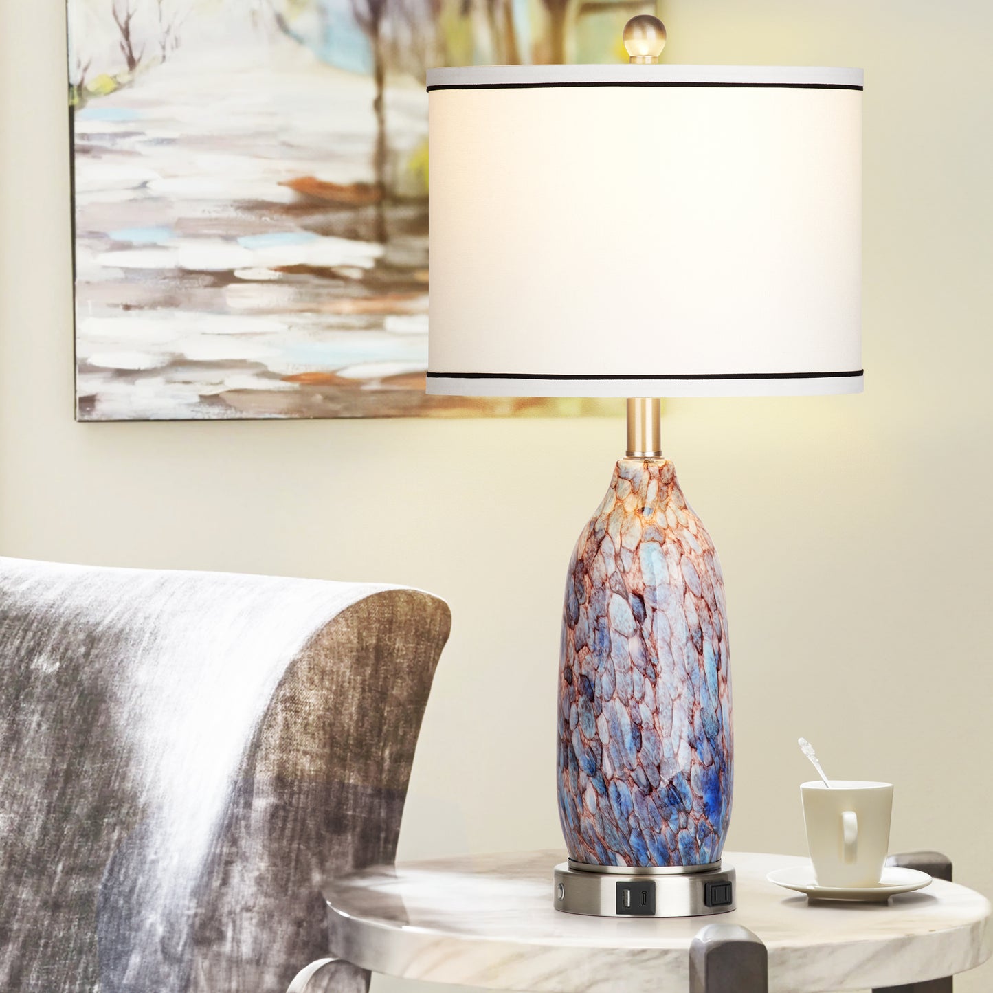 2-in-1 table lamp with nightlight. Indigo glass body. Charging ports & AC outlet. Drum shade, touch dimming switch (Set of 2)