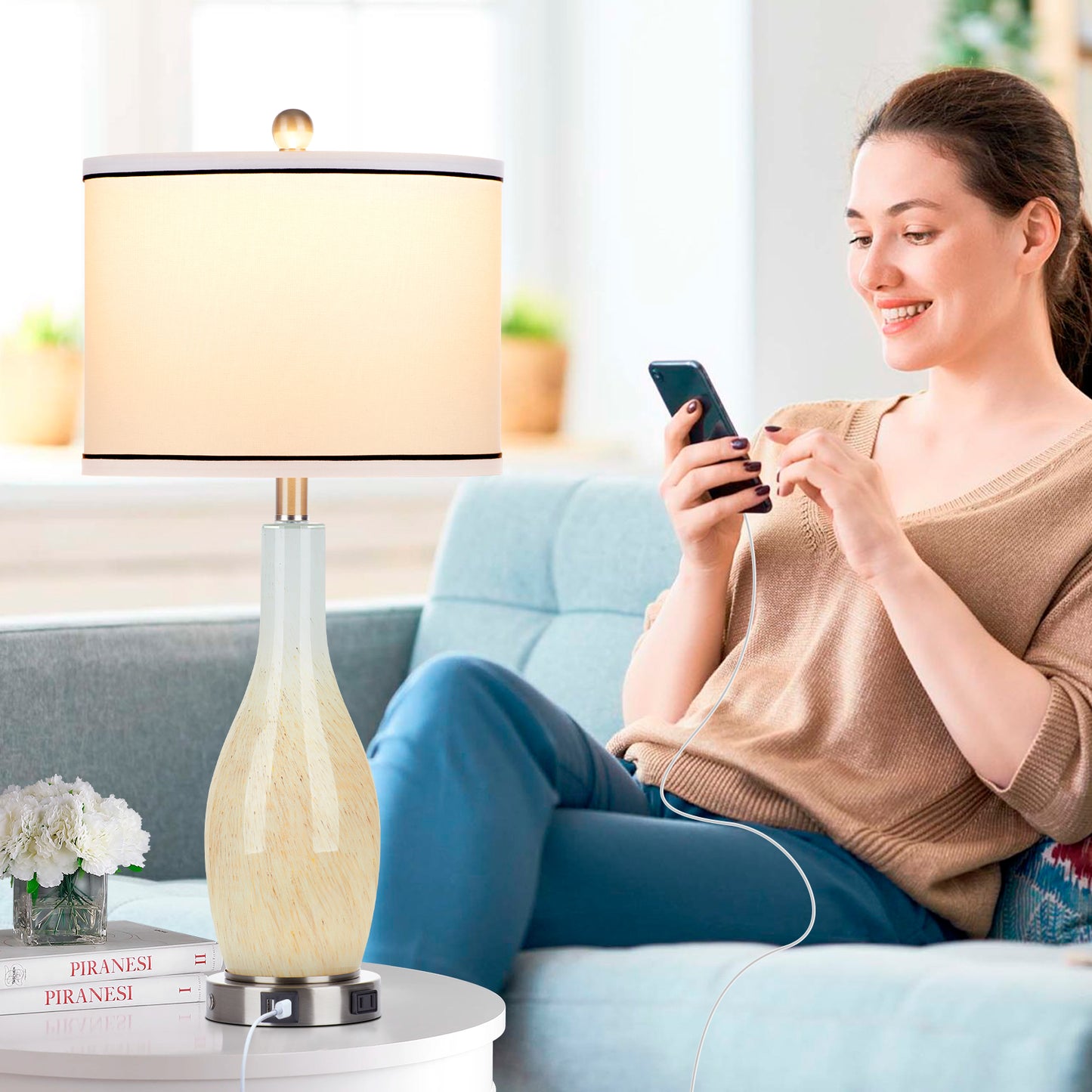 2-in-1 table lamp with nightlight. Nattierblue glass vase style body. Charging port & AC outlet. Drum shade, touch switch (Set of 2)