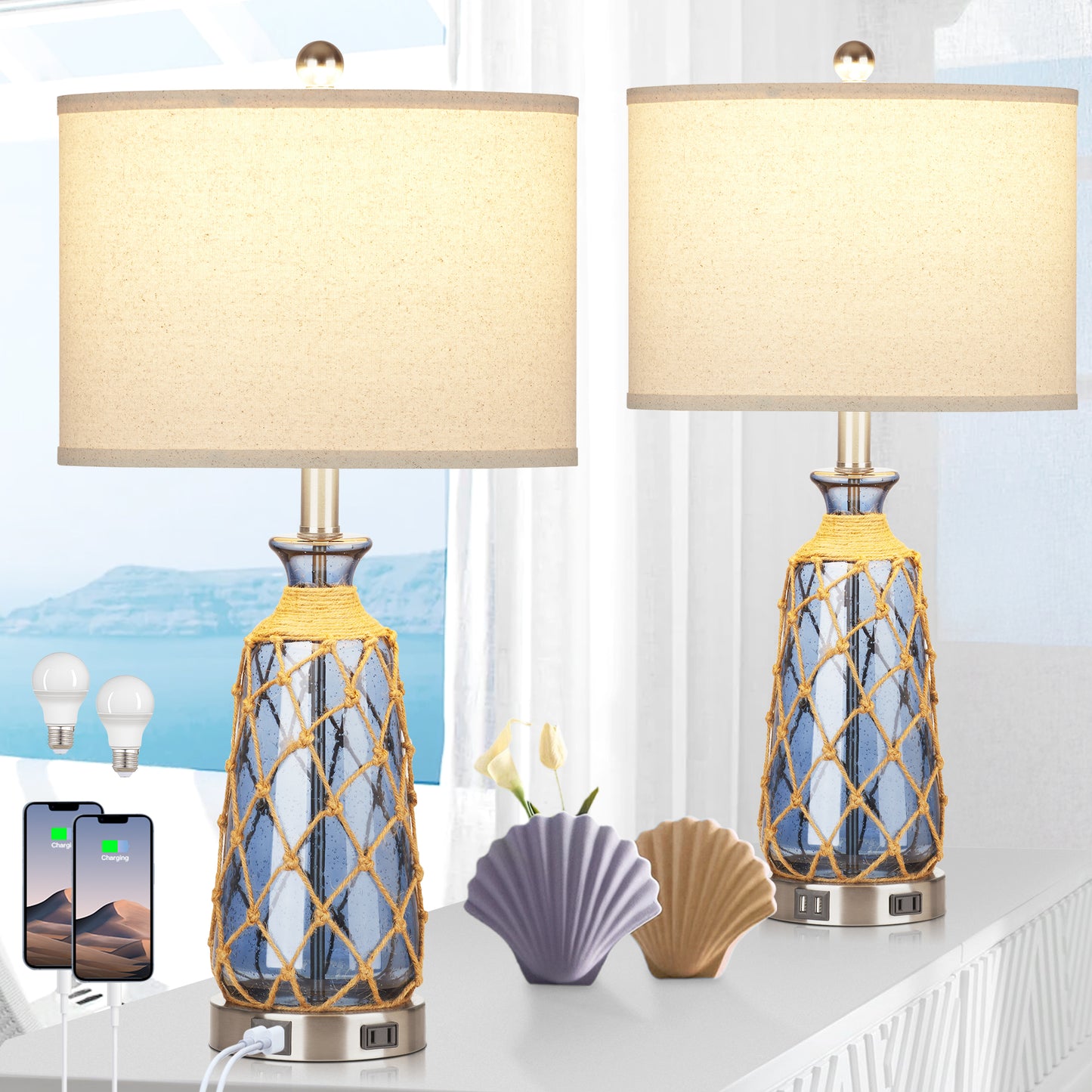 Deep Blue Bubble Glass Table Lamp with Dual USB Charging Ports, AC Outlet, Touch 3-Way Dimming Switch and No Strobe (Set of 2))