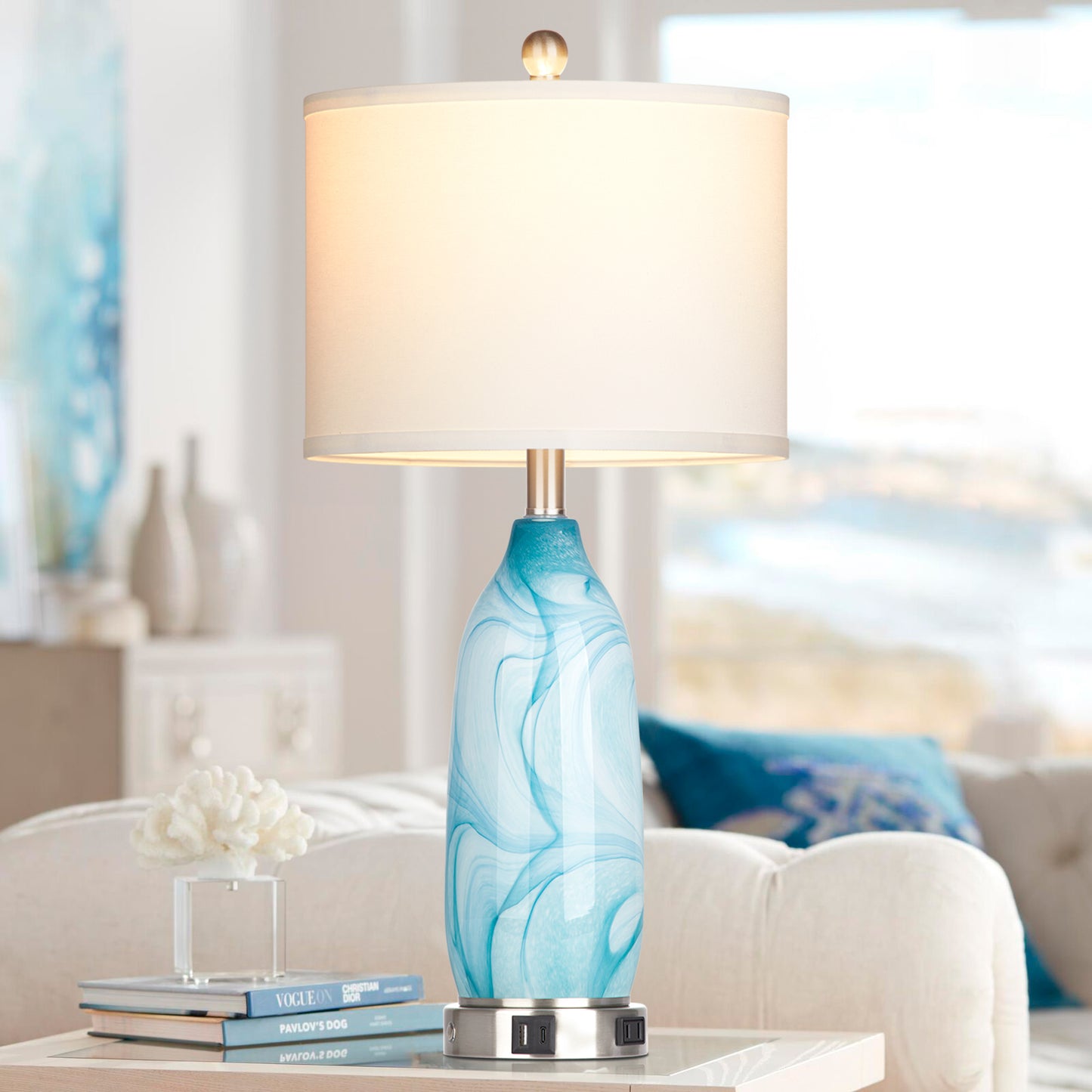 2-in-1 table lamp with nightlight. Blue glass lamp body. Charging ports & AC outlet. Drum shade. Touch switch (Set of 2)