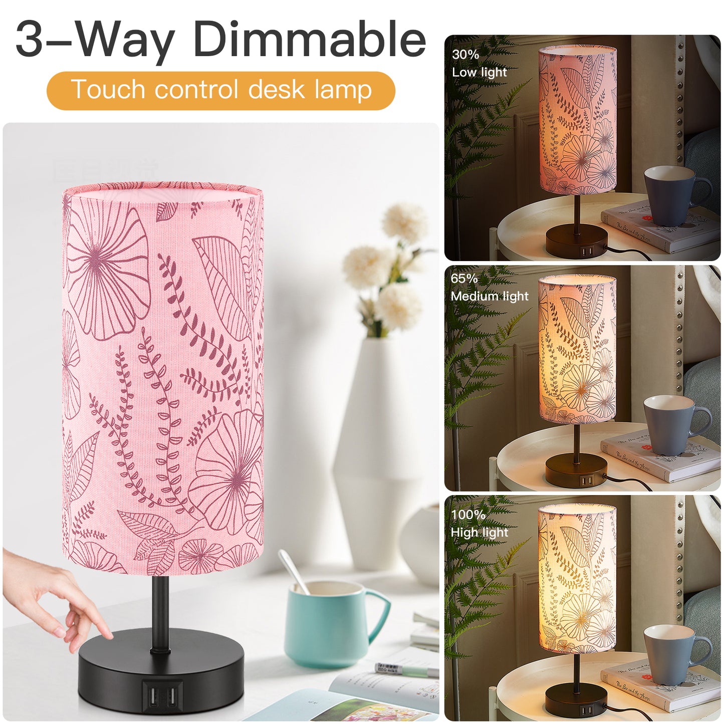Cinkeda 15" Touch Control Small Table Lamp with Dual USB Ports, Pink Floral Print Shade & 3-Way Dimmable Bedside Nightstand Lamp for Bedroom Living Room (1 Bulb Included)