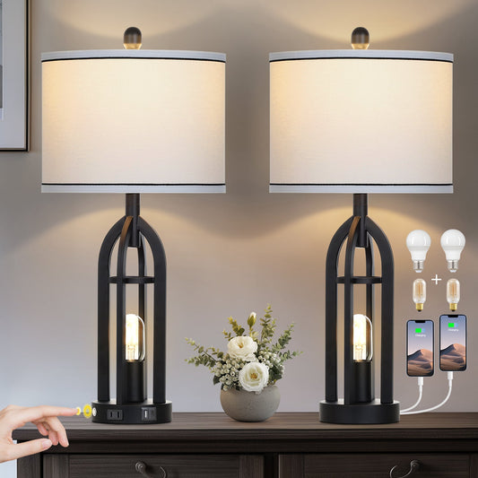 27'' Black Metal Table Lamps in Cage Style with Nightlight (Set of 2)