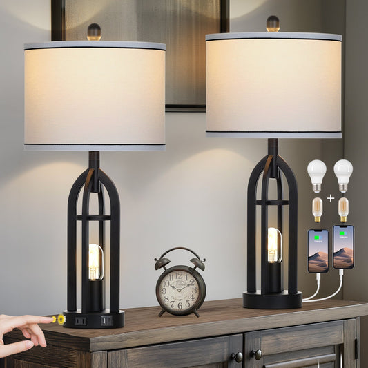 27'' Black Metal Table Lamps in Cage Style with Nightlight (Set of 2)