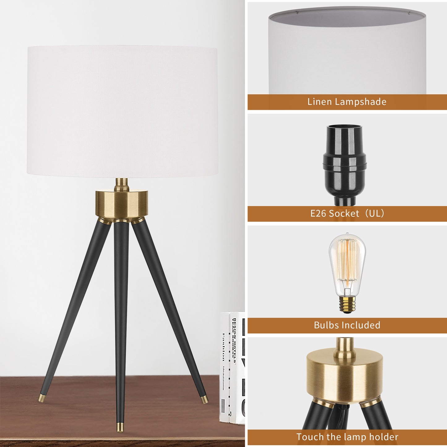 Cinkeda Table Lamp Black Metal Tripod Drum Shade 3-Way Touch Dimming(Set of 2)
