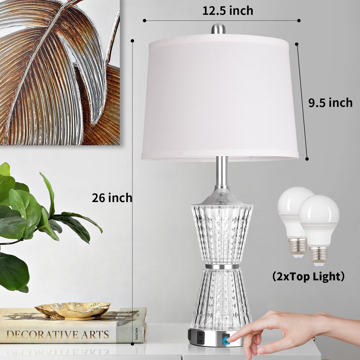 Cinkeda Table Lamp White Acrylic Night light 2in1 USB Ports(Set of 2)