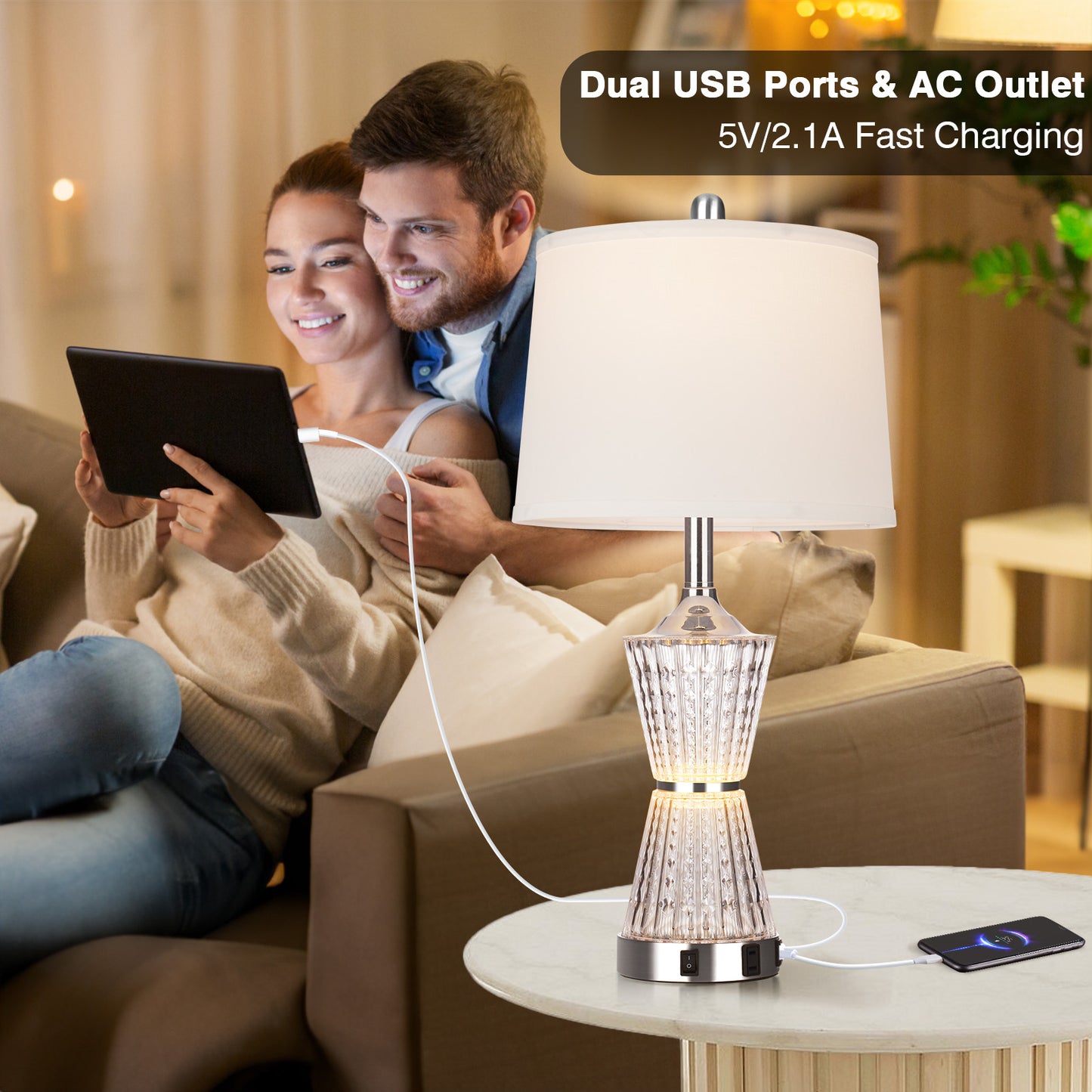 Cinkeda Table Lamp White Acrylic Night light 2in1 USB Ports(Set of 2)