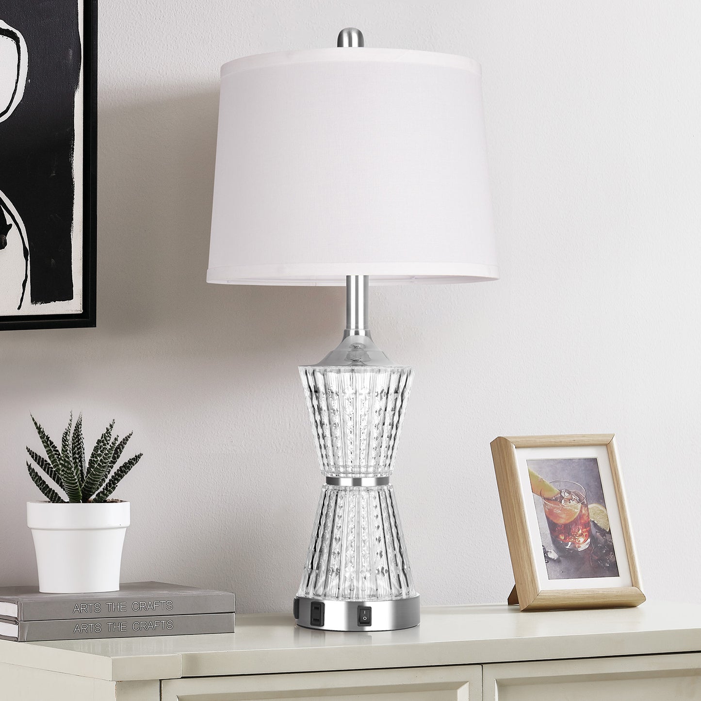 Cinkeda Table Lamp White Acrylic Night light 2in1 USB Ports(Set of 2)