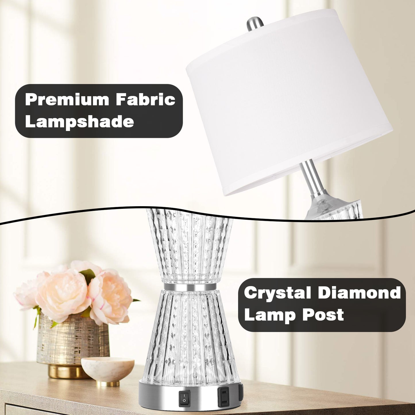 Cinkeda Table Lamp White Acrylic Night light 2in1 USB Ports(Set of 2)