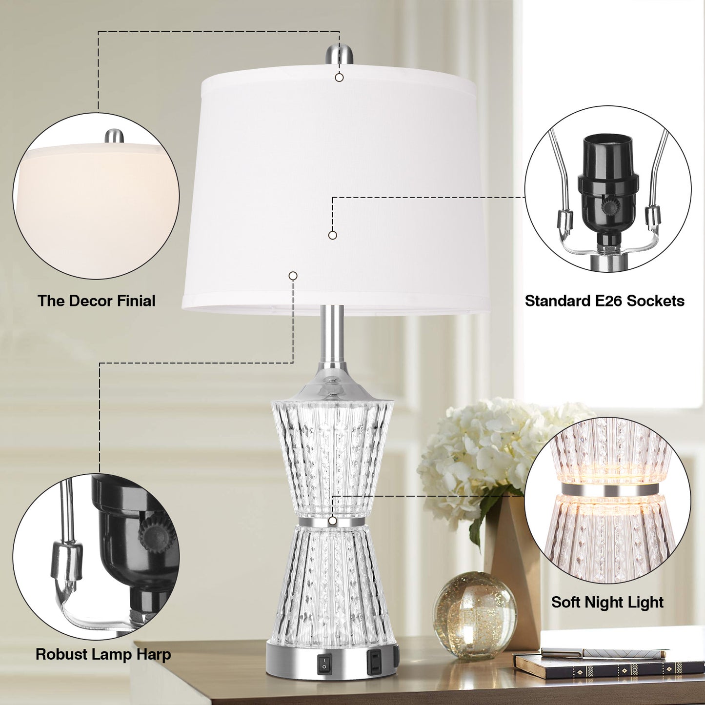 Cinkeda Table Lamp White Acrylic Night light 2in1 USB Ports(Set of 2)