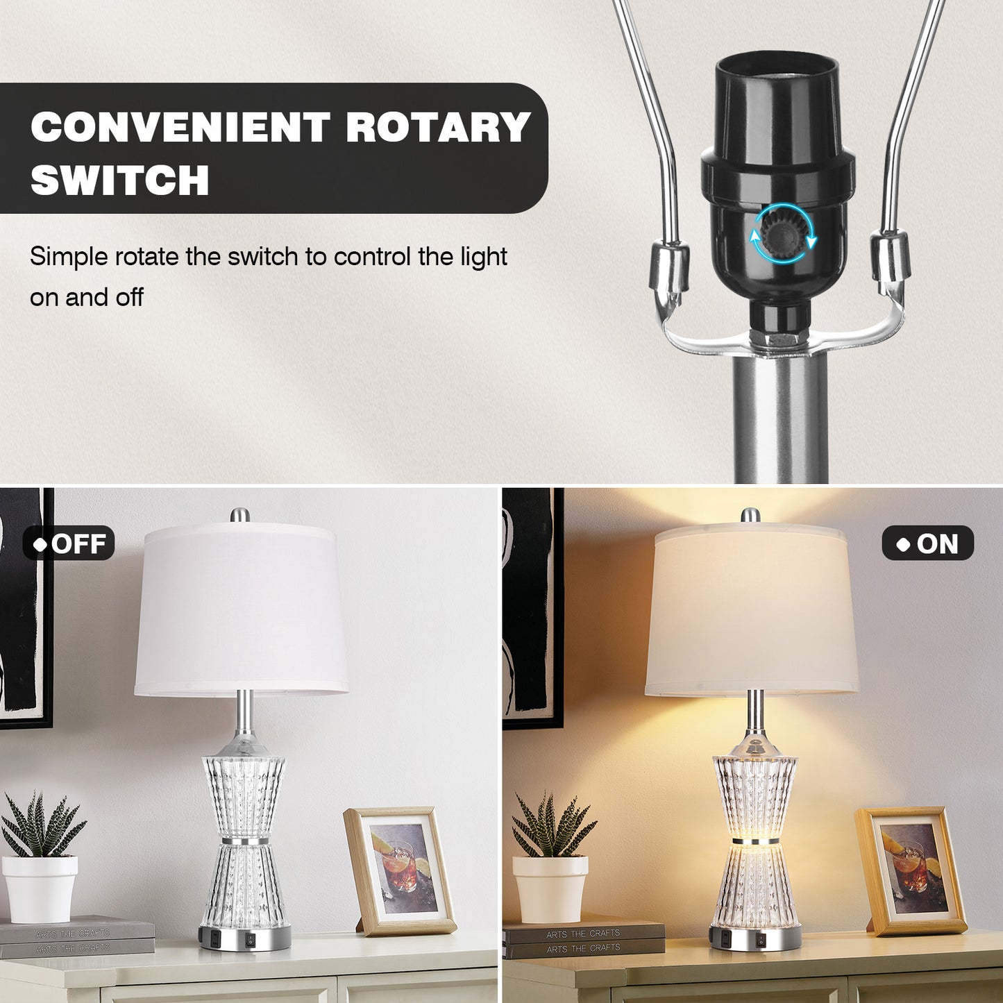 Cinkeda Table Lamp White Acrylic Night light 2in1 USB Ports(Set of 2)