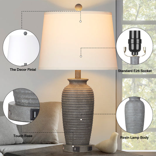Grey Resin Table Lamps with 3 - Way Touch Dimming, USB Port and AC Outlet (Set of 2)