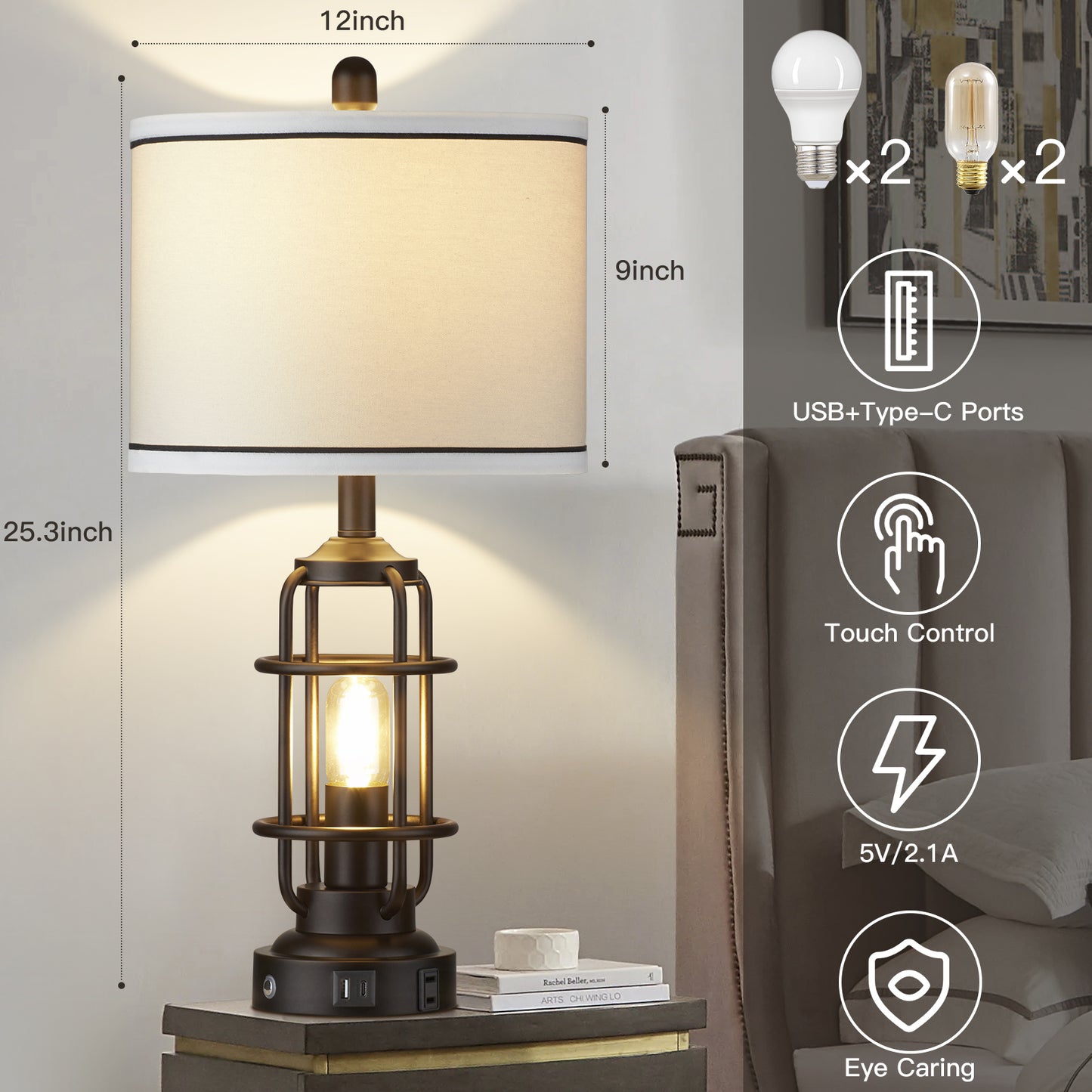 2-in-1 Table Lamps with Nightlight, Featuring a Drum Shade and Touch Dimming (1P)