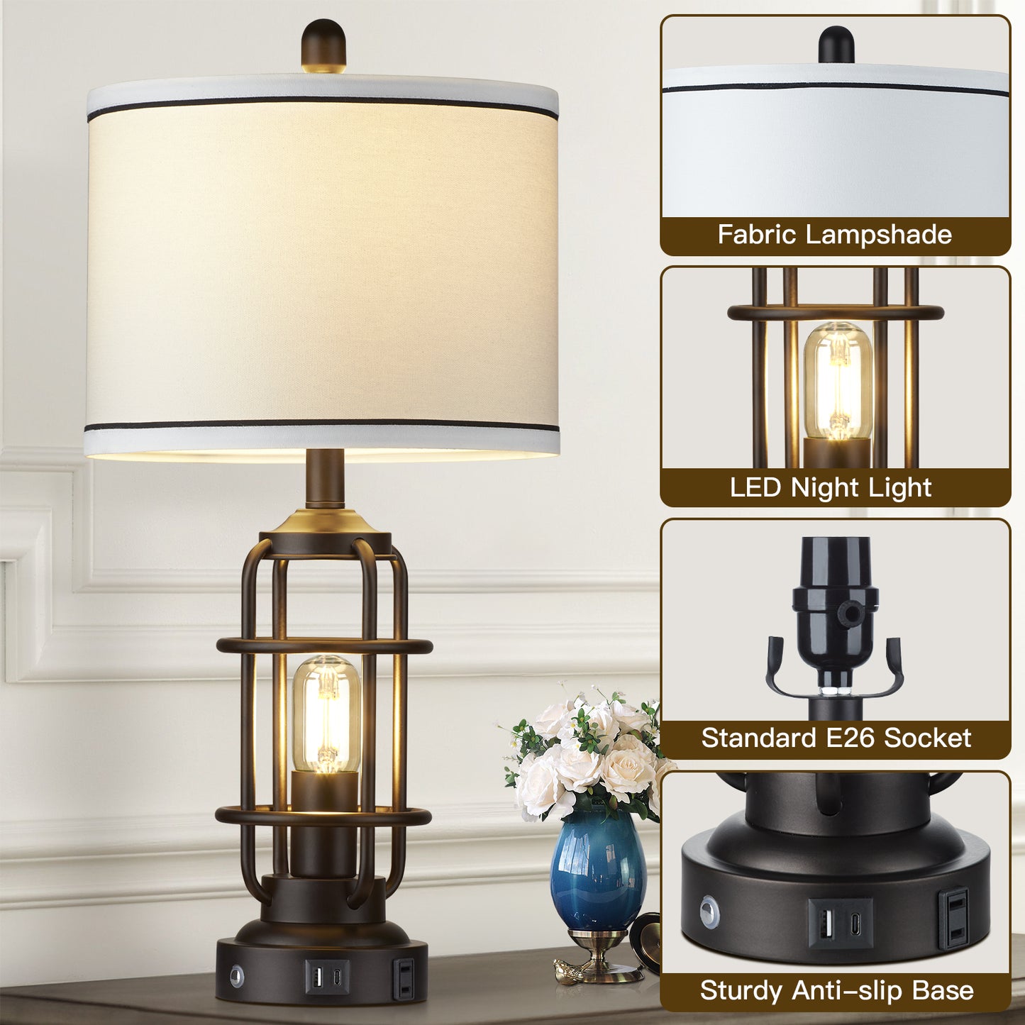 2-in-1 Table Lamps with Nightlight, Featuring a Drum Shade and Touch Dimming (1P)
