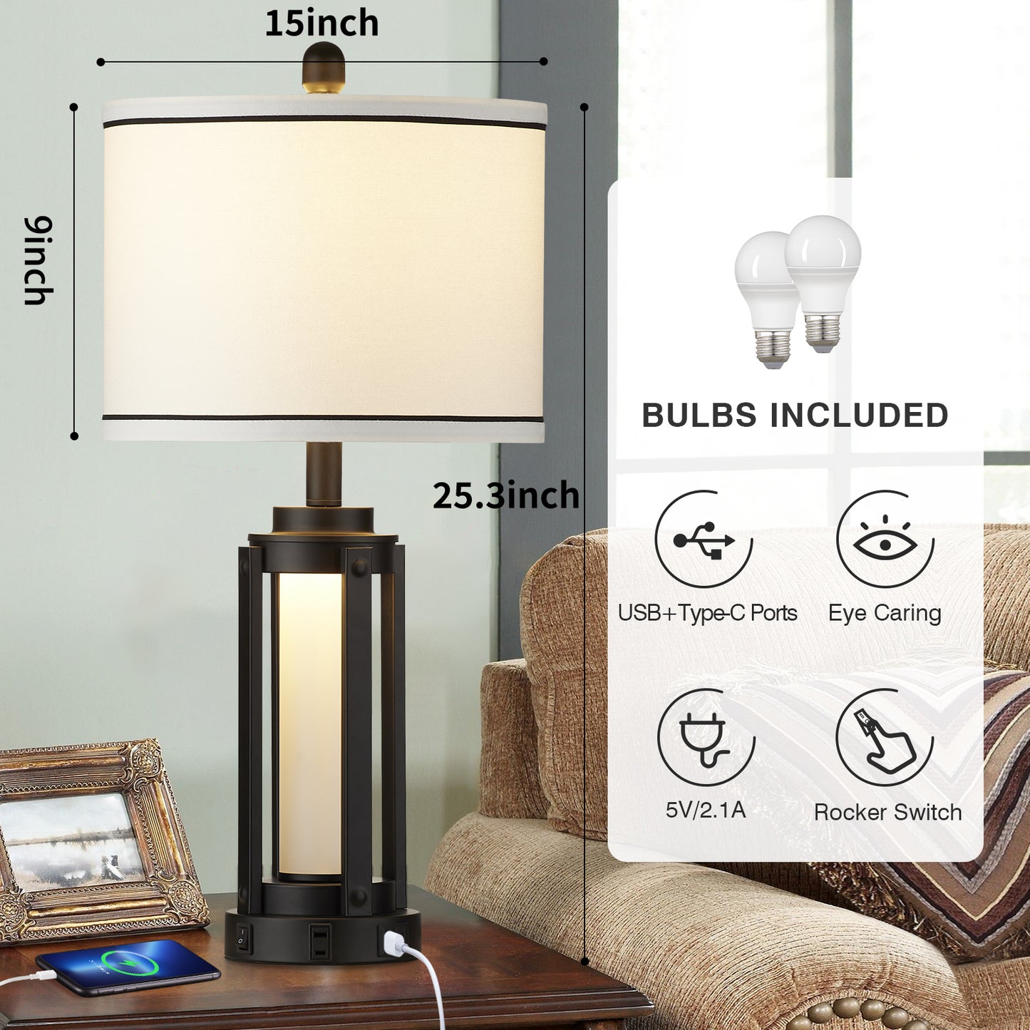 2-in-1 Table Lamp & Nightlight with USB and Type - C Ports and Drum Shade (Set of 2)