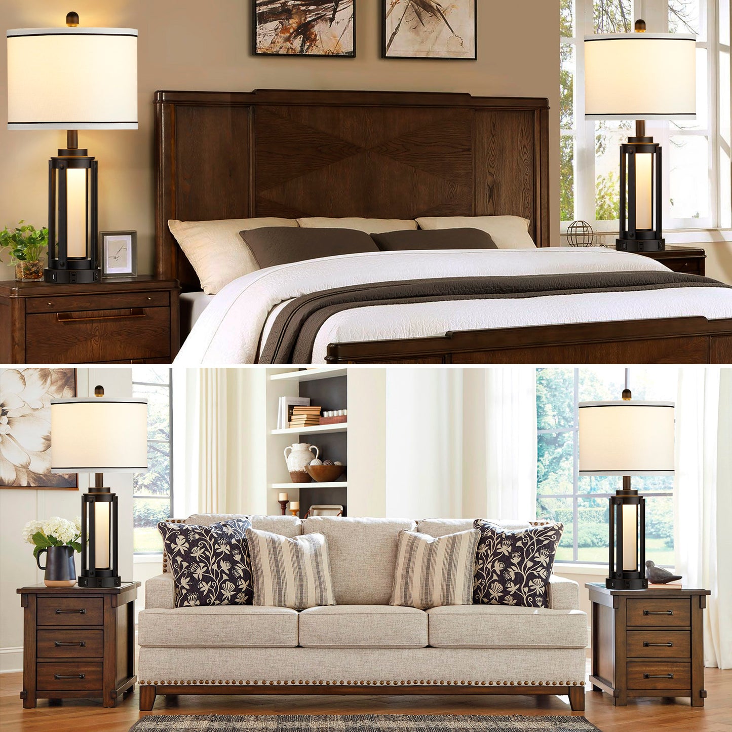 2-in-1 Table Lamp & Nightlight with USB and Type - C Ports and Drum Shade (Set of 2)