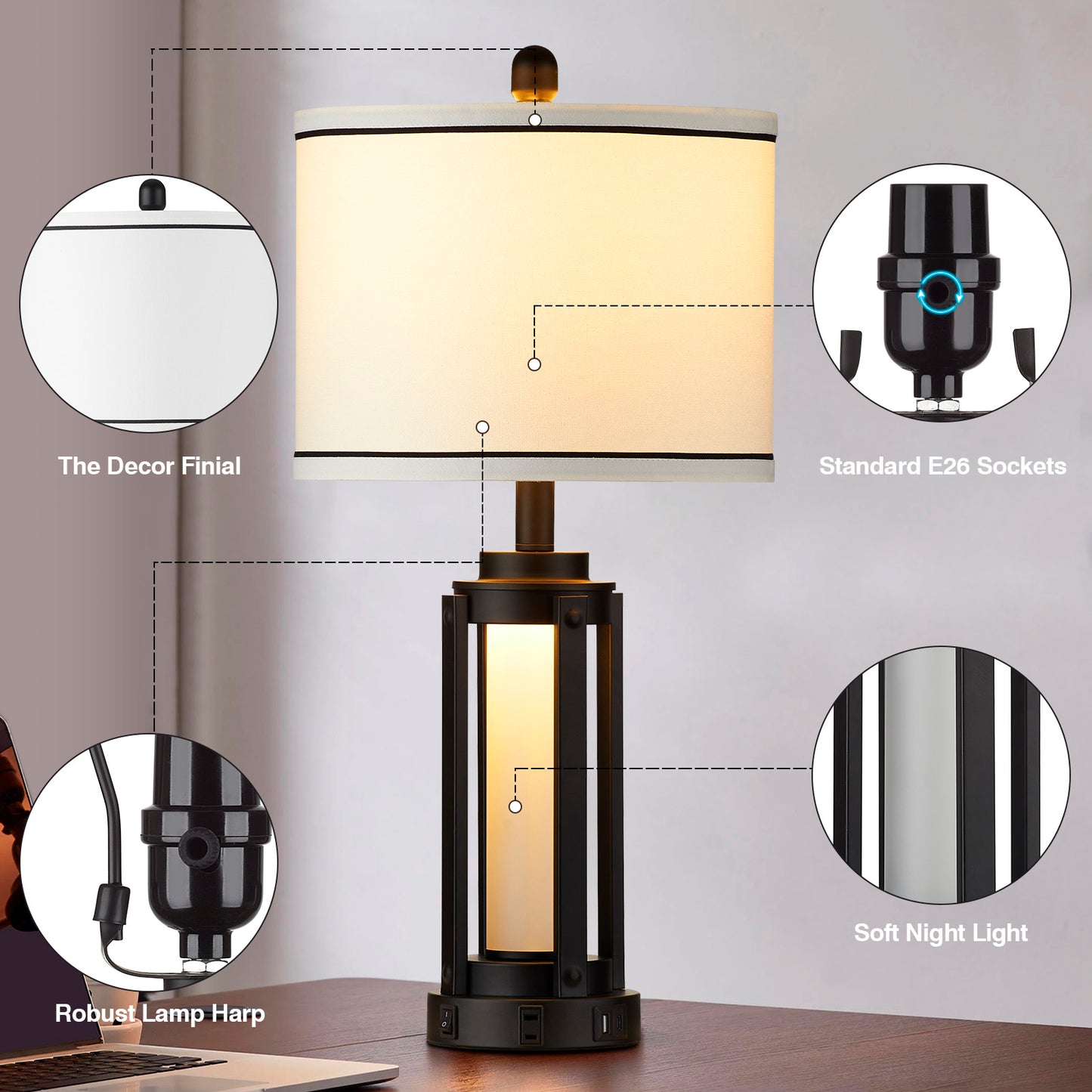 2-in-1 Table Lamp & Nightlight with USB and Type - C Ports and Drum Shade (Set of 2)