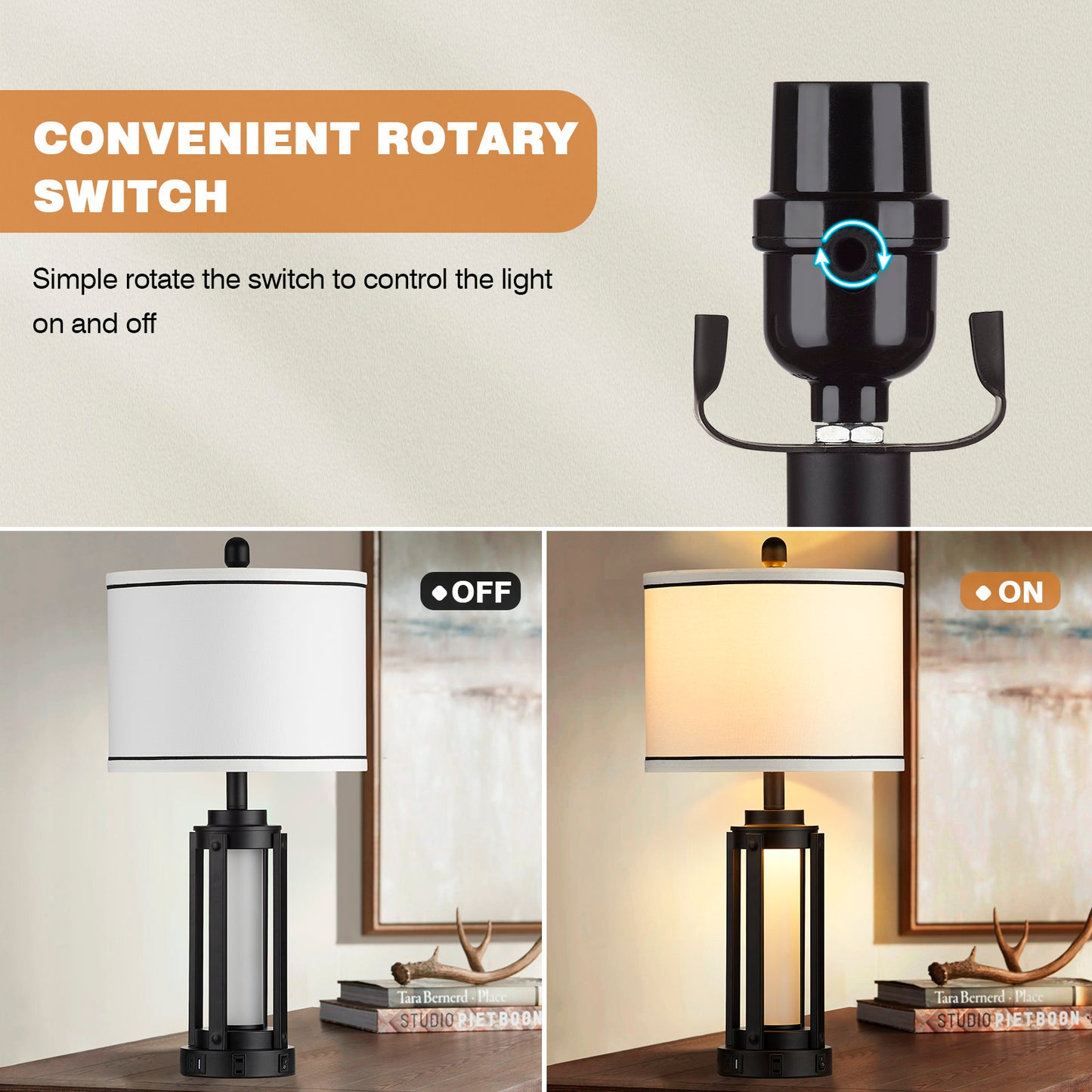 2-in-1 Table Lamp & Nightlight with USB and Type - C Ports and Drum Shade (Set of 2)