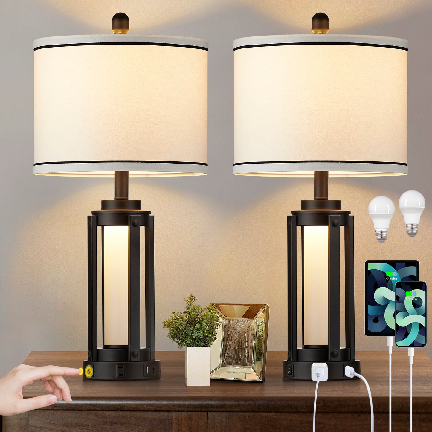 2-in-1 Table Lamp & Nightlight with USB and Type - C Ports and Drum Shade (Set of 2)