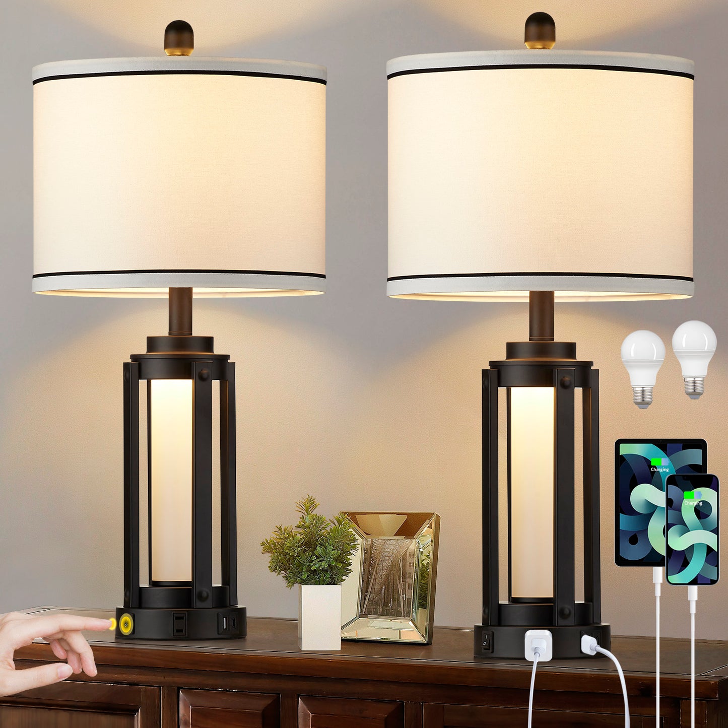 2-in-1 Table Lamp & Nightlight with USB and Type - C Ports and Drum Shade (Set of 2)