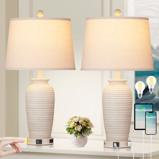 Resin Table Lamps with 3 - Way Touch Dimming, USB Ports and AC Outlet (Set of 2)