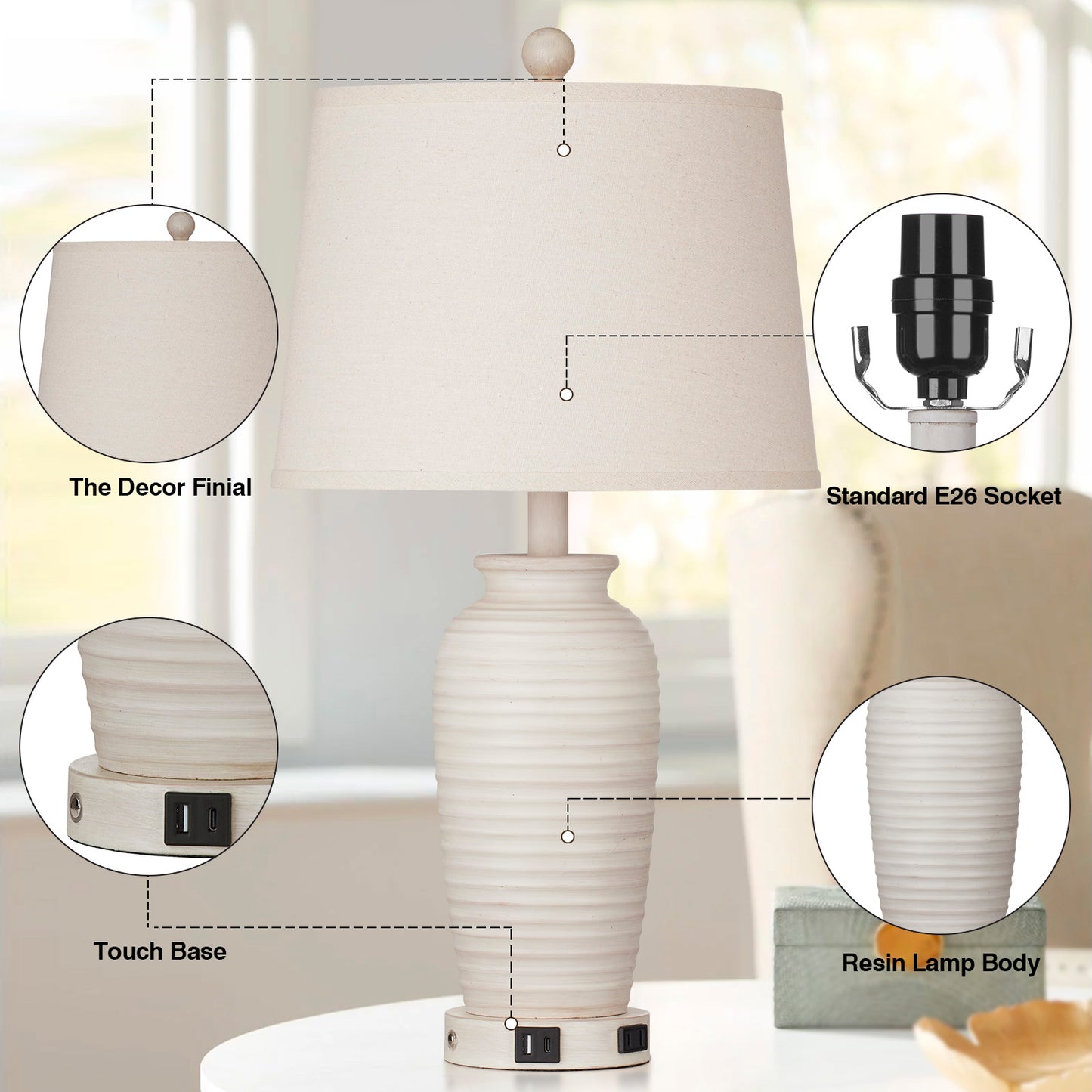 Resin Table Lamps with 3 - Way Touch Dimming, USB Ports and AC Outlet (Set of 2)