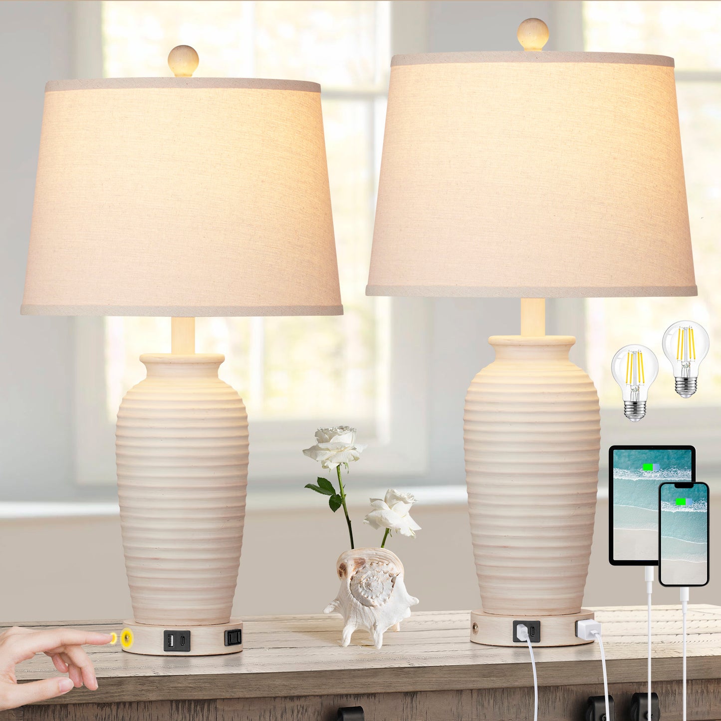 Resin Table Lamps with 3 - Way Touch Dimming, USB Ports and AC Outlet (Set of 2)