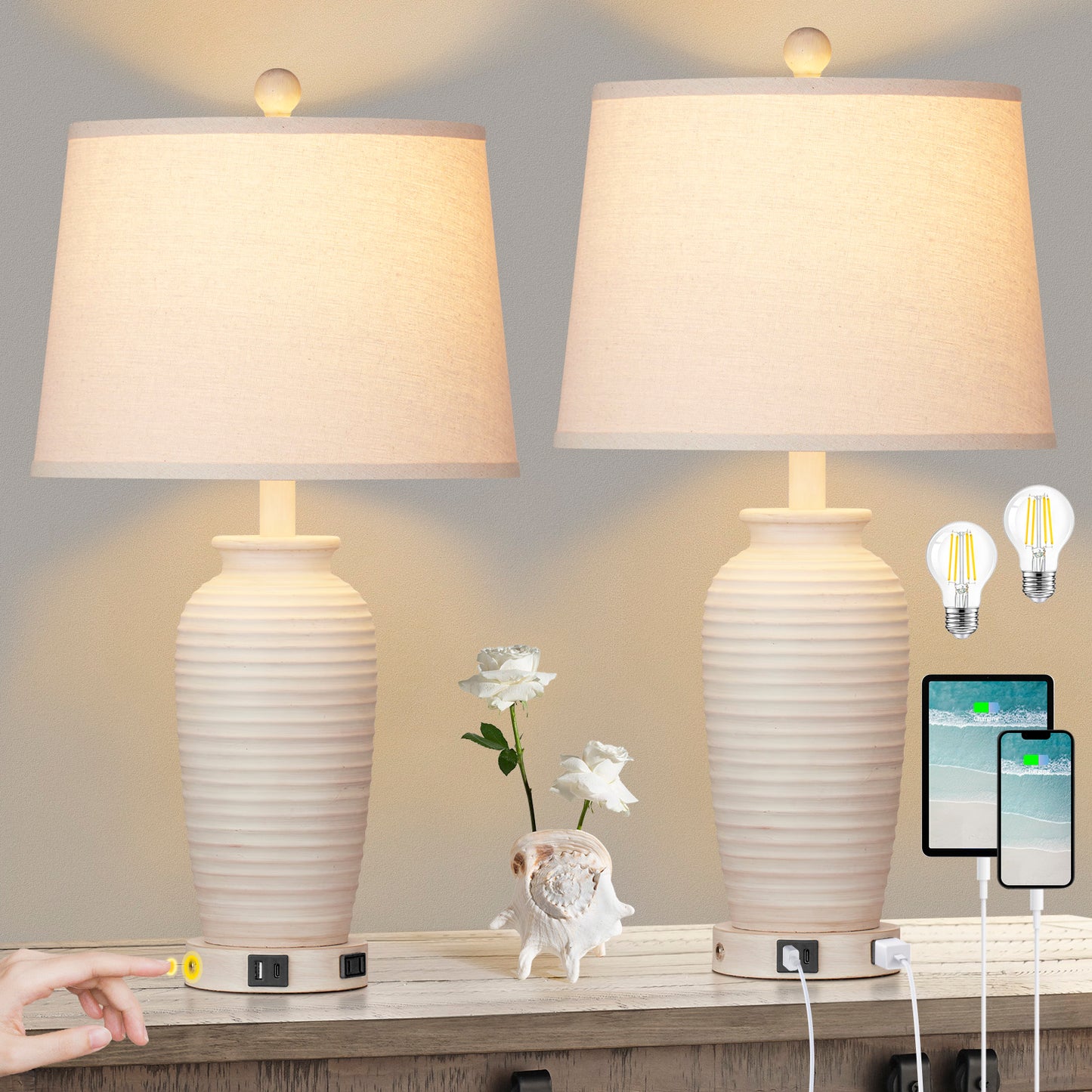 Resin Table Lamps with 3 - Way Touch Dimming, USB Ports and AC Outlet (Set of 2)