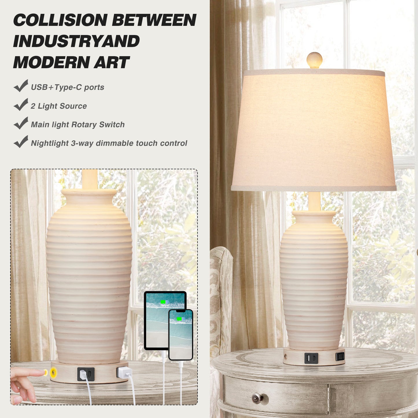 Resin Table Lamps with 3 - Way Touch Dimming, USB Ports and AC Outlet (Set of 2)