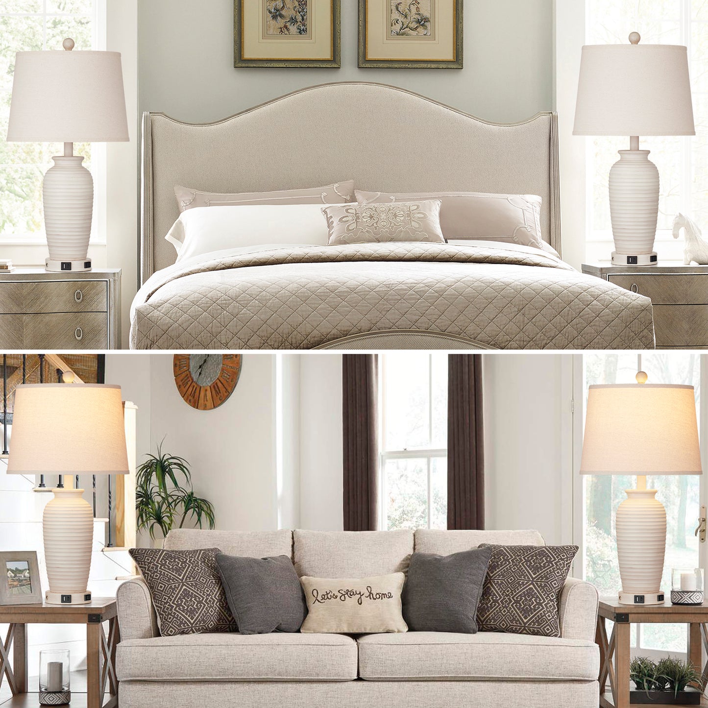 Resin Table Lamps with 3 - Way Touch Dimming, USB Ports and AC Outlet (Set of 2)