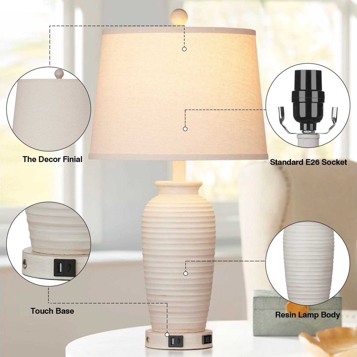 Resin Table Lamps with 3 - Way Touch Dimming, USB Ports and AC Outlet (Set of 2)