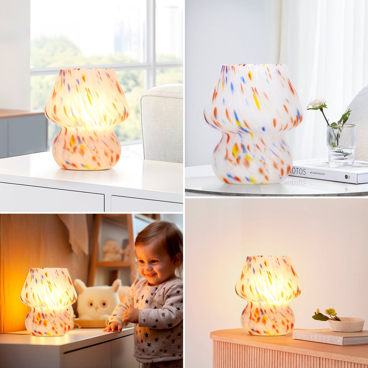 Matte All-glass Table Lamp with In-line Switch and Colorful Dots Texture