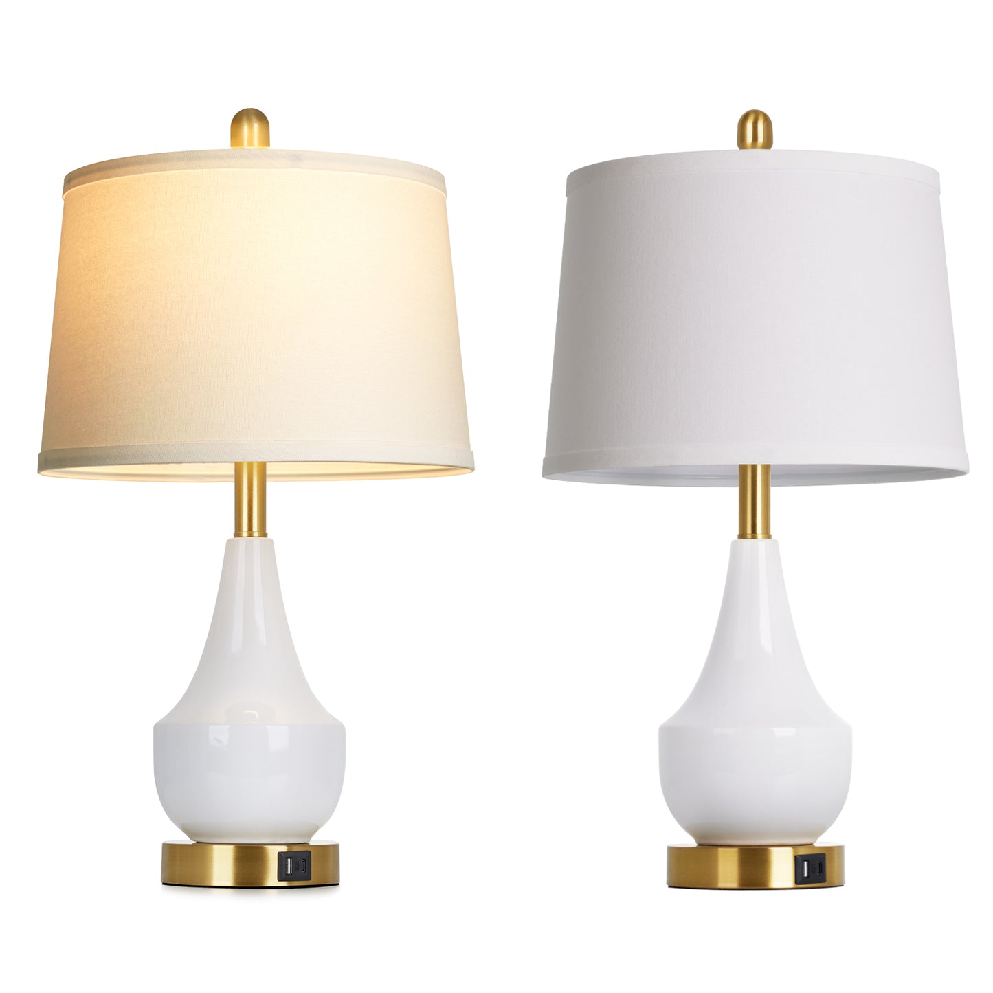 24'' Modern Ceramic Table Lamp White Linen Shade, Gold Accents, Built-in USB & Type-C Charging(Set of 2)