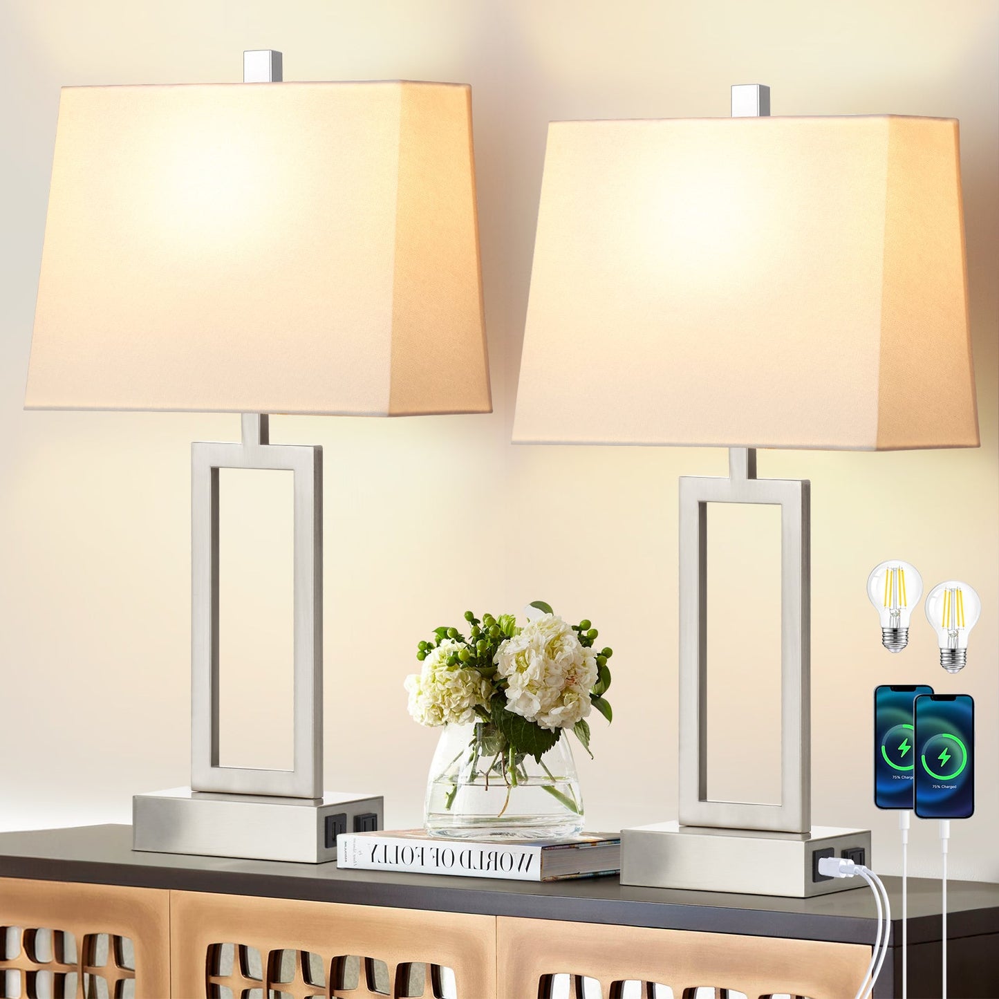 White Table Lamps with 3-way Touch Dimming Switch and Charging Ports (Set of 2)