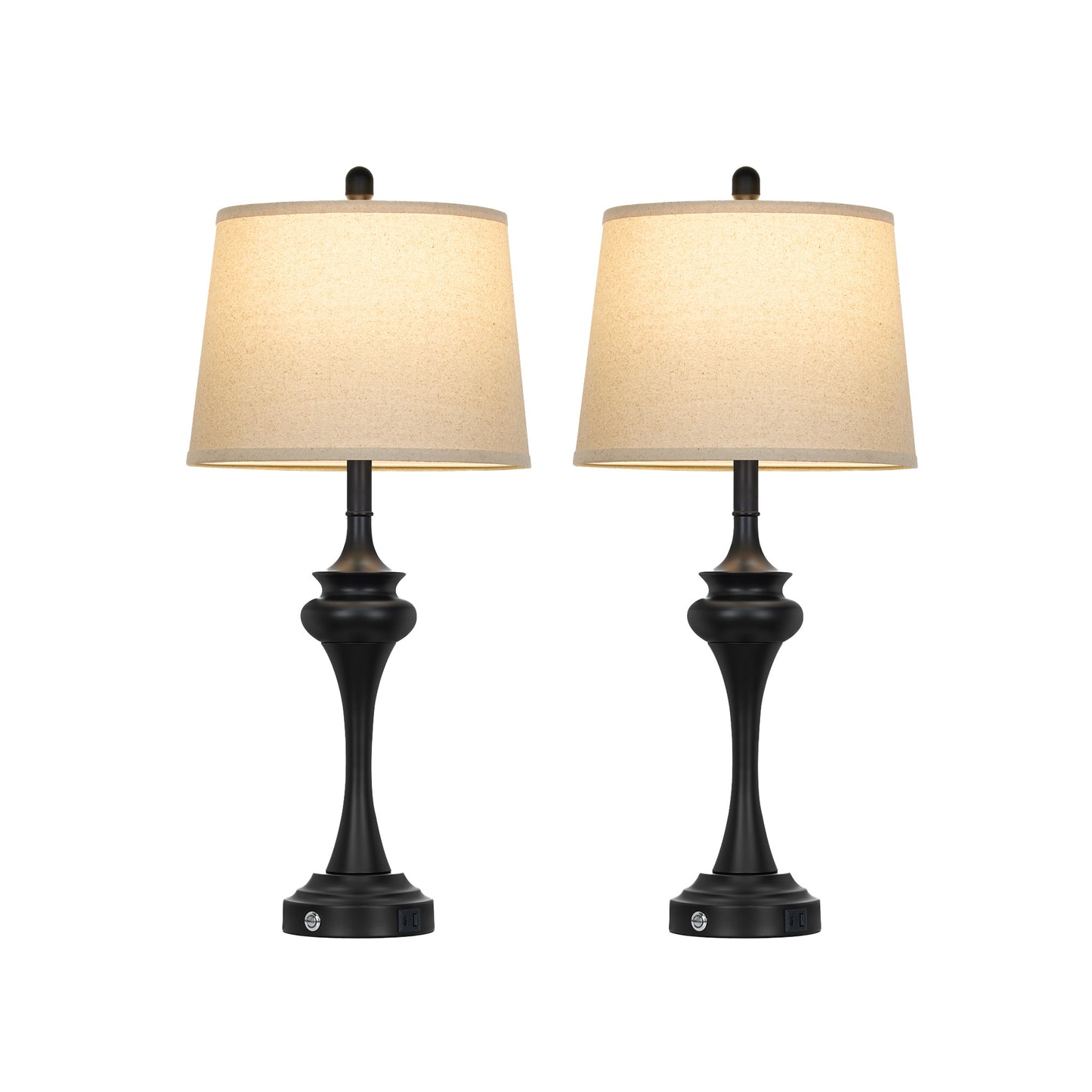 Modern Farmhouse Table Lamp Set – 30" Black Base with Oatmeal Linen Shade, 9W LED Bulb & USB-C Charging Port – 2-Pack