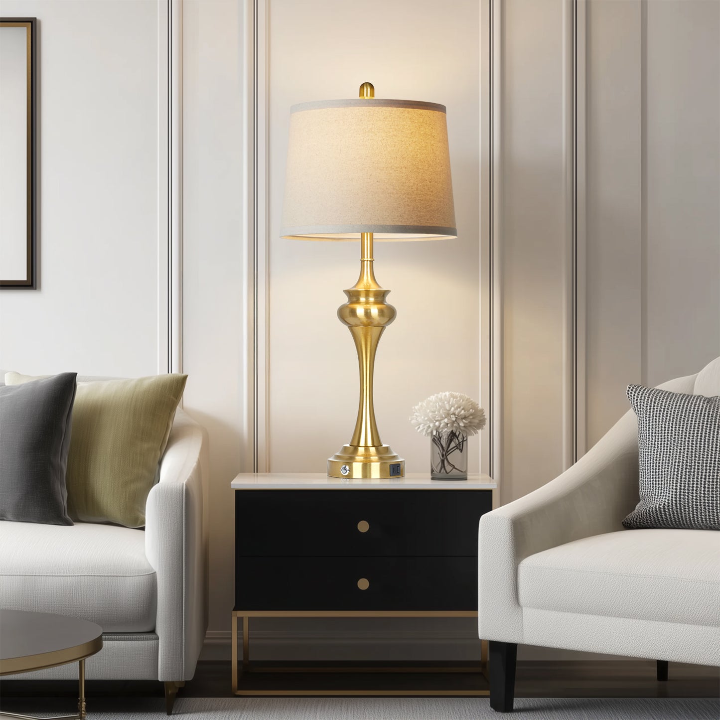 30'' Modern Gold Brass Table Lamp Set of 2 with Oatmeal Linen Shade, E26 LED Dimmable Bulb, USB & Type-C Charging, 3-Way Touch Control(Set of 2)