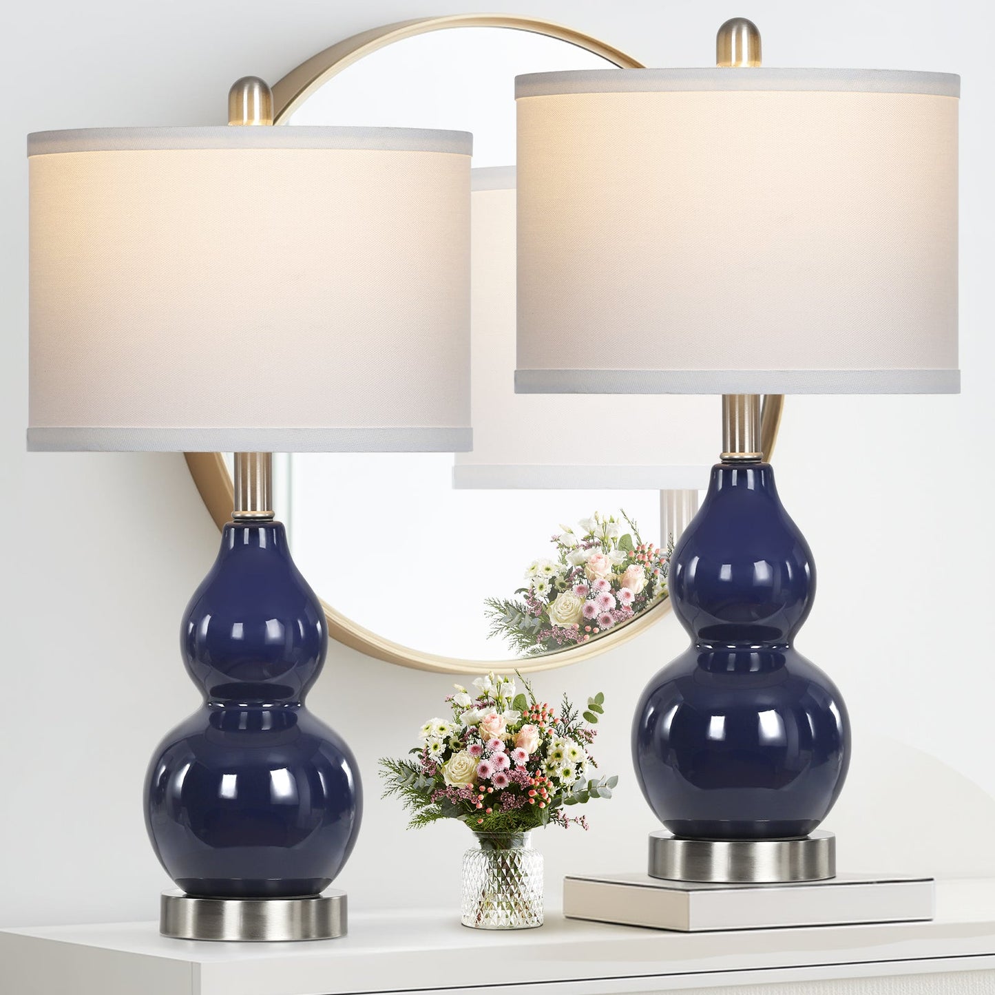 Navy Blue Ceramic Table Lamps with Gourd Lamp Body (Set of 2)