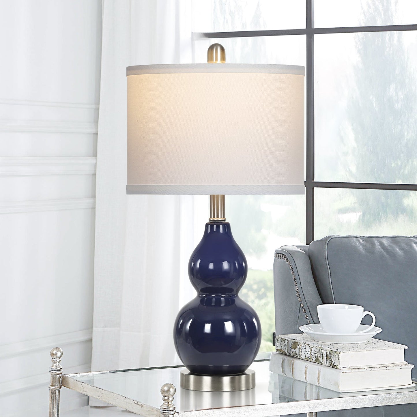 Navy Blue Ceramic Table Lamps with Gourd Lamp Body (Set of 2)