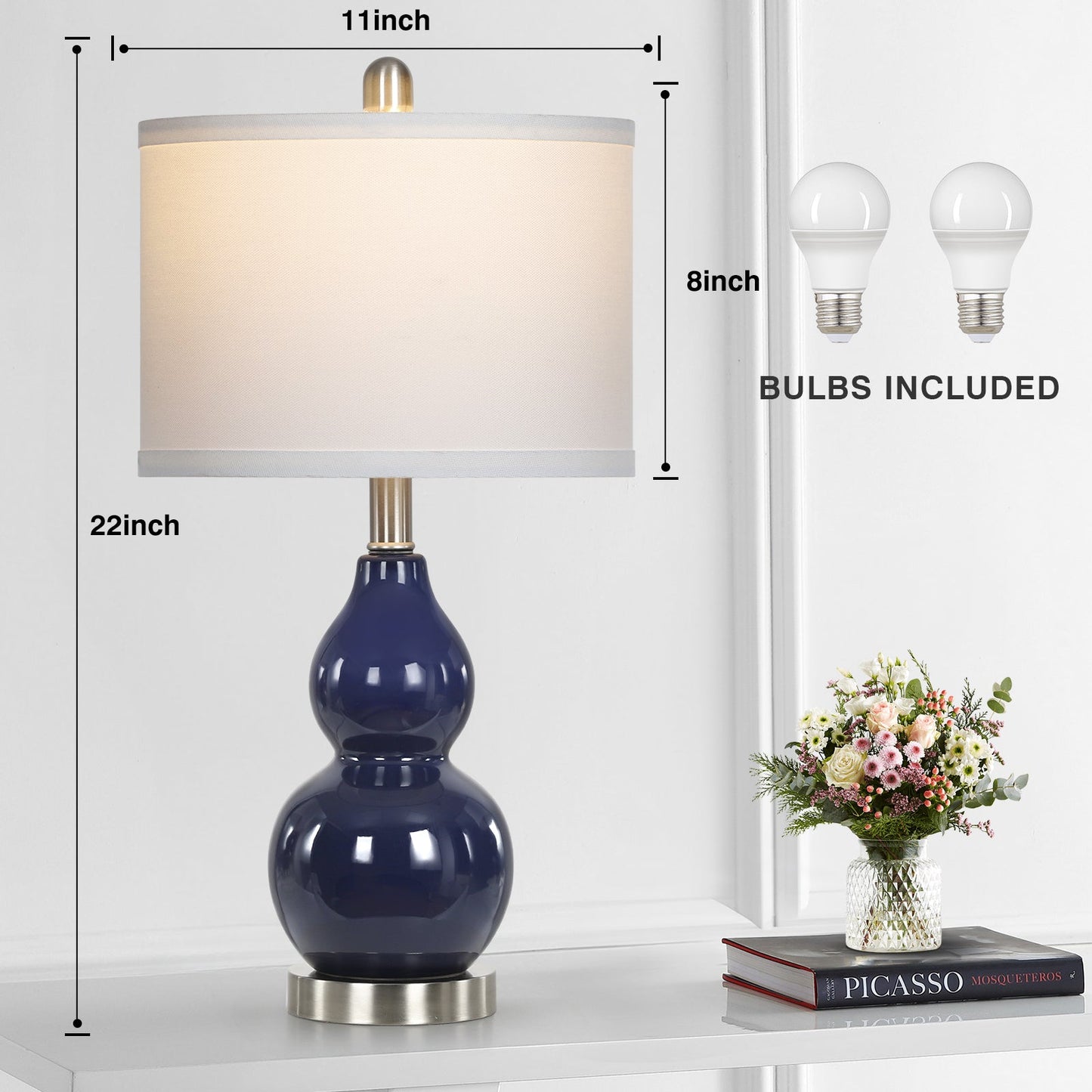 Navy Blue Ceramic Table Lamps with Gourd Lamp Body (Set of 2)