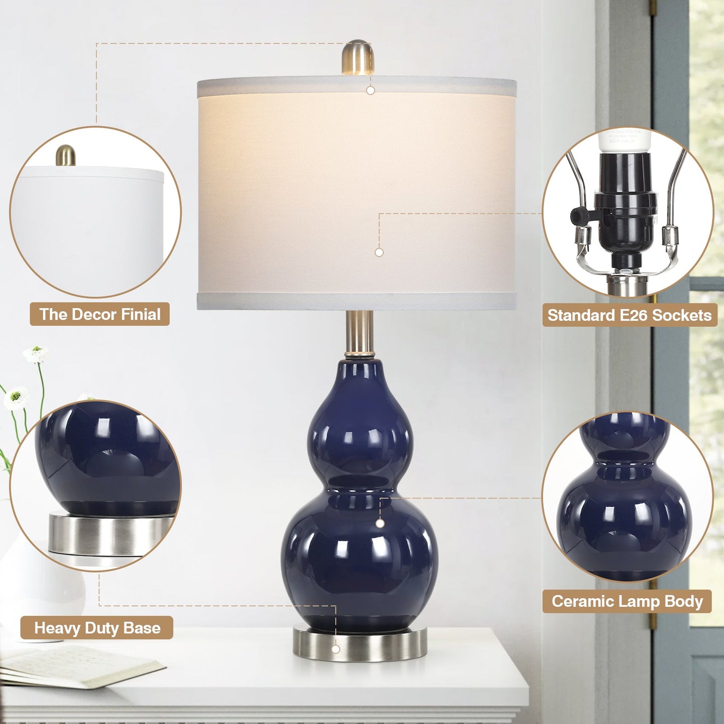 Navy Blue Ceramic Table Lamps with Gourd Lamp Body (Set of 2)