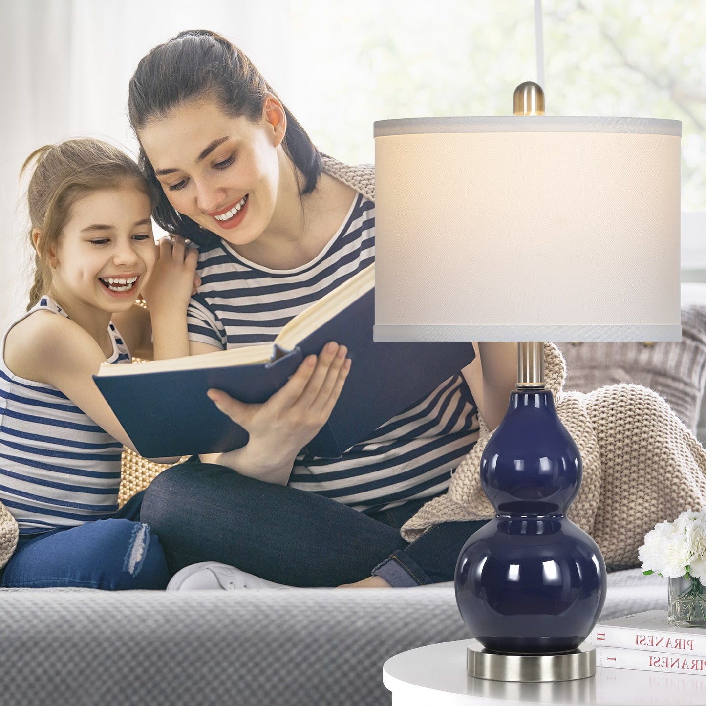 Navy Blue Ceramic Table Lamps with Gourd Lamp Body (Set of 2)