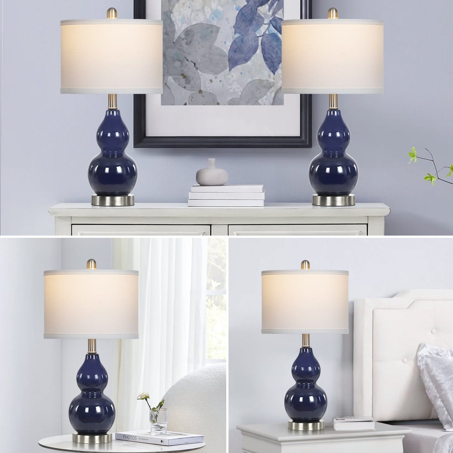 Navy Blue Ceramic Table Lamps with Gourd Lamp Body (Set of 2)