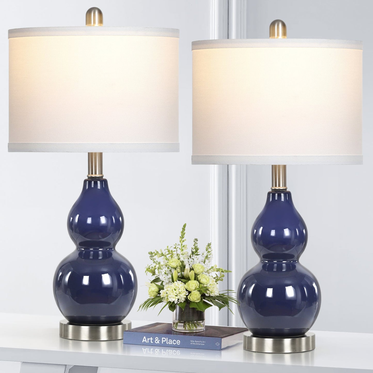 Navy Blue Ceramic Table Lamps with Gourd Lamp Body (Set of 2)