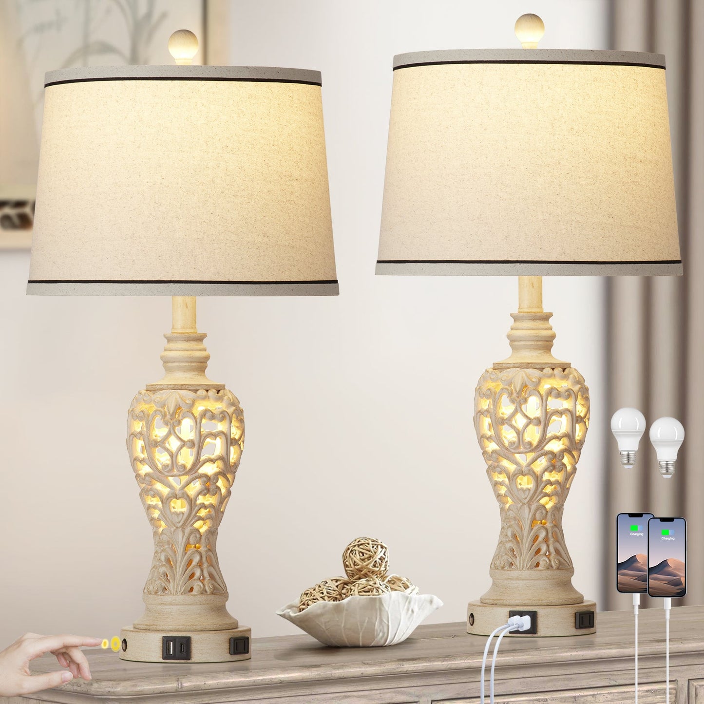 White Resin Nightlight Table Lamp 2in1 with USB Charging Port (Set of 2)
